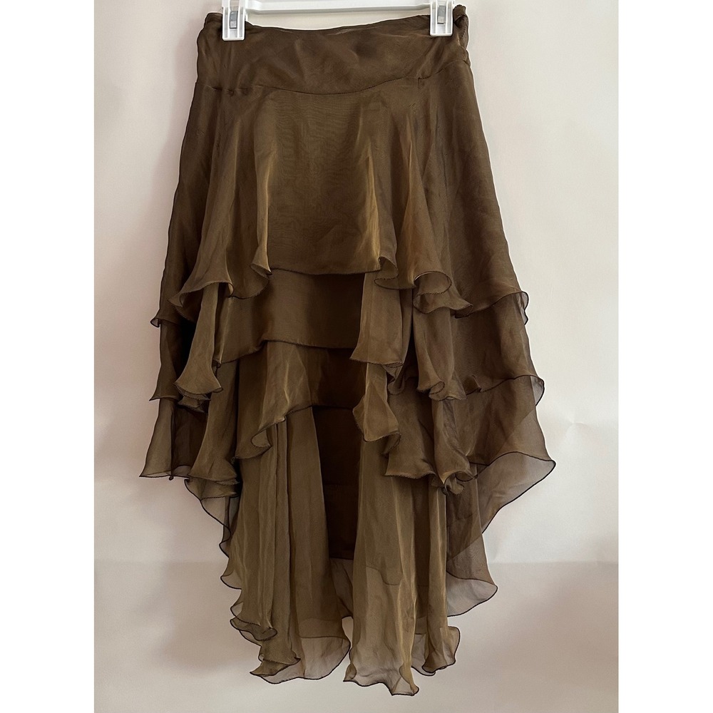 Vintage Bronze 100% Silk Tiered Ruffle High Low Skirt Brown M Fairy Whimsigoth